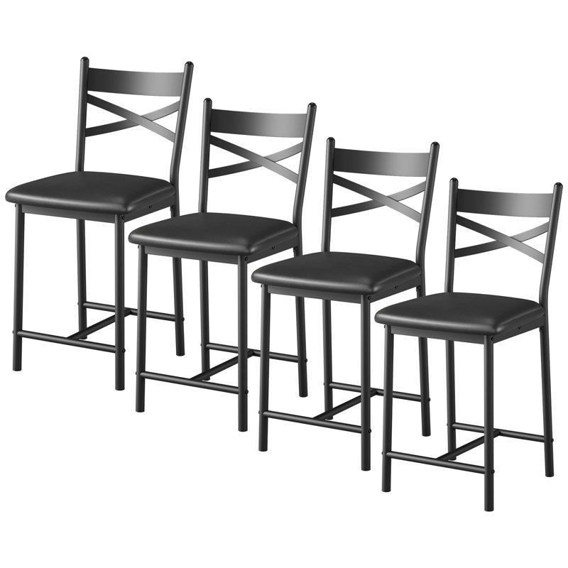22" Bar Stools Set of 4, Counter Height Bar Stools with PU Upholstered Seat, Metal Frame Kitchen Bar Chairs with X-Design Back and Footrest for Kitchen Island, Counter Bar, Dining Room