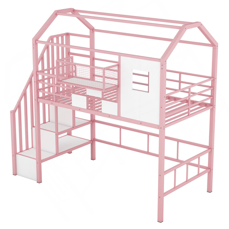 Lit mezzanine en métal avec toit et boîte de rangement, simple, rose, Rose