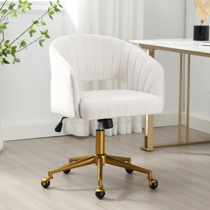 Velvet Desk Chair with Wheels, Home Office Swivel Armchair with Gold Base, Back Incline Adjustable for Vanity Make-up