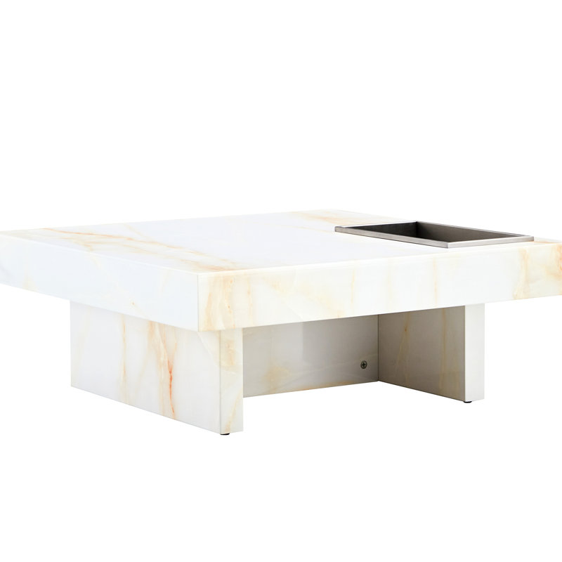 Coffee Table, 31.4"X31.4"X12", Pearl White, With Marble Feature Design Modern Effect