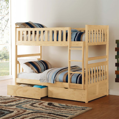 Au-dessus d'un lit superposé avec boîtes de rangement, finition en pin, échelle robuste, idéal pour les chambres d'enfants et peu encombrant