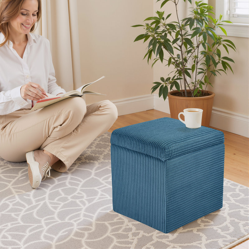 16.5" Corduroy Storage Ottoman With Flip-Top Lid, Upholstered Small Bench For Entryway, Bedroom, Or Living Room, Blue