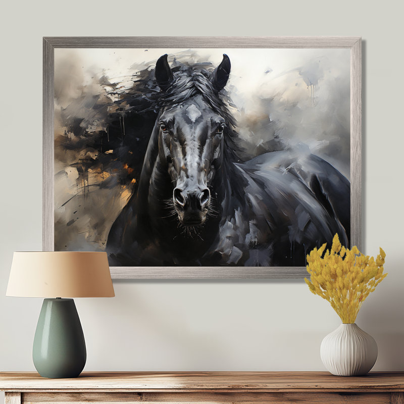 Étalon noir en mouvement - reproductions encadrées de chevaux, H 24 po x l 32 po x P 1 po, Cadre flottant noir