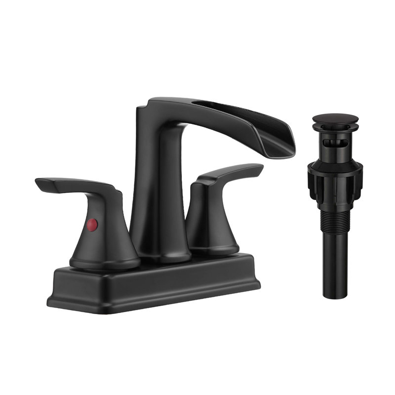Bathroom Faucet - 4 Inch Centerset Waterfall Faucet With 2 Handles, 360 Degree Swivel Spout, 3 Hole Sink, Pop Up Drain, Black