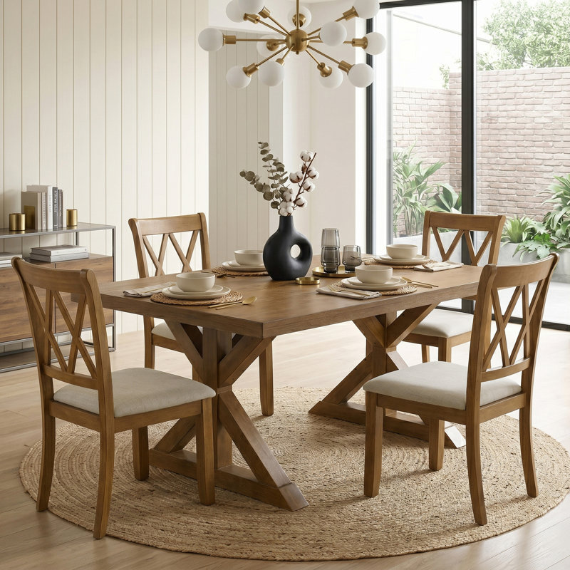 Tamika Enna Morden Farmhouse Wood Trestle Dining Set, Brushed Driftwood Finish, Pieces Included: 5