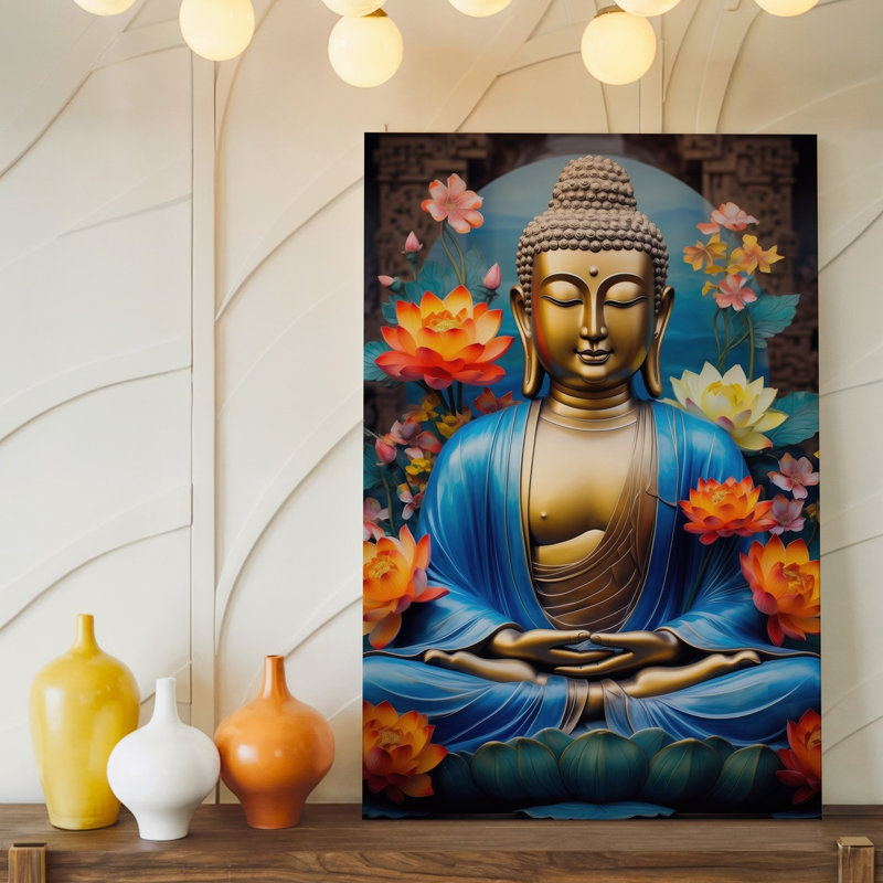 Toile, création d'une scène sereine et contemplative avec un Bouddha doré, art mural avec une expression tranquille entourée de toile