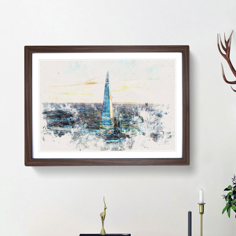 The Shard London England Skyline - Picture Frame Painting Print on MDF, 24cm H x 33cm W x 2cm D, Walnut Framed