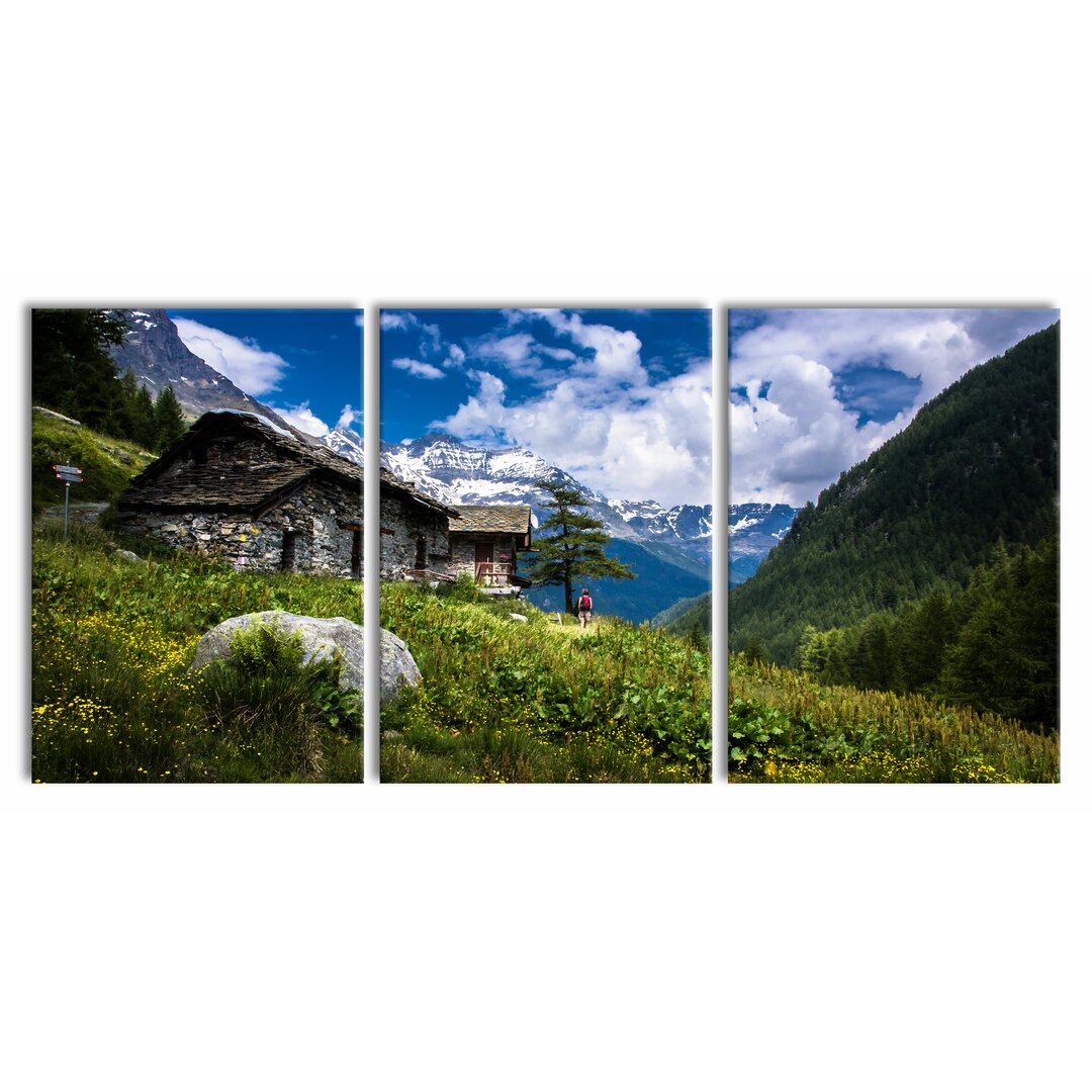 3-tlg. Leinwandbilder-Set Wunderschöne Berghütte in Grün/Blau