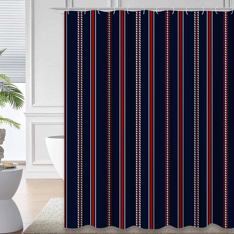 Rideau de douche rayé bleu rouge à rayures avec 12 crochets, L 72 po x l 84 po