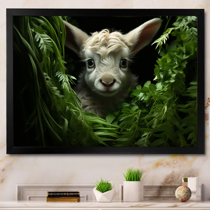 «White baby goat floral meadow III», impressions sur toile de chèvre, Cadre d'angle fermé noir, H 12 po x l 20 po x P 1 po