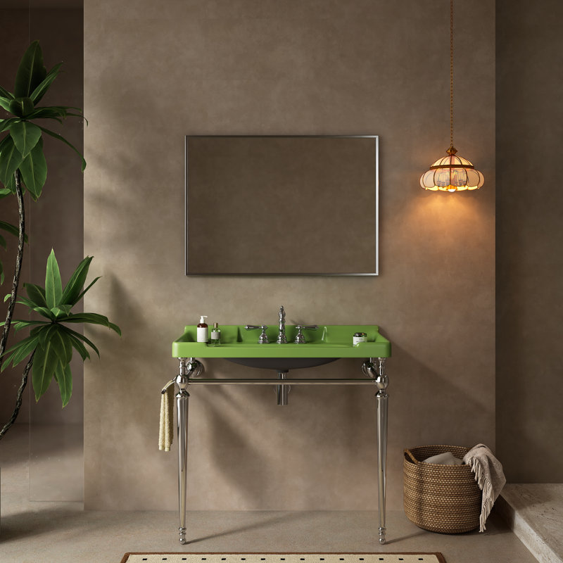 Meuble-lavabo de salle de bain moderne en céramique avec pieds en acier inoxydable et barre à serviettes, Green, Chrome, 36