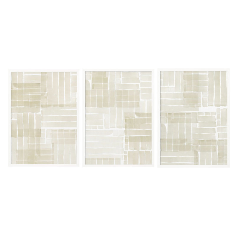 "Neutral Tangle Grid", ensemble de trois œuvres d'art encadrées texturées, Blanc, H 24 po x l 54 po