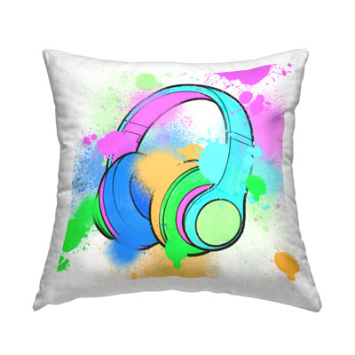 Splattered Music Headphones Decorative Printed Throw Pillow Design by Marcus Prime