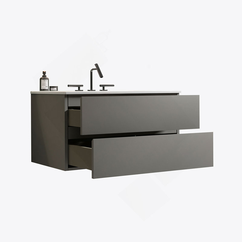 Meuble-lavabo mural gris de 36 po avec lavabo en céramique et trois trous de robinet, grand meuble-lavabo flottant de rangement pour salle de bain moderne, pré-assemblé