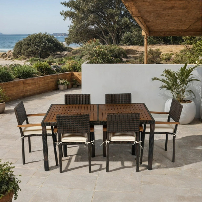 Ensemble repas d'extérieur en osier 7 pièces avec coussin moelleux 7 pièces