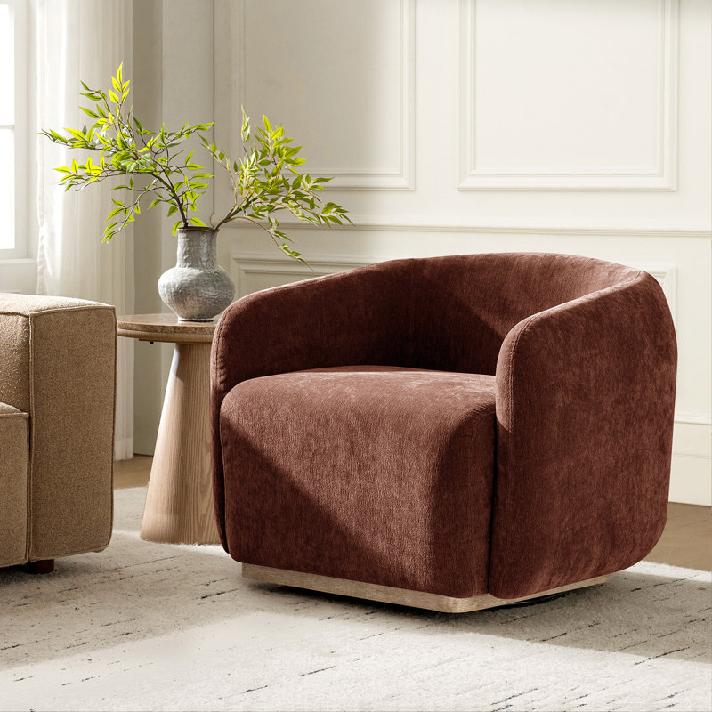 Berklie 35"W Modern Boucle Chenille Swivel Armchair with Solid Wood Base, Rust