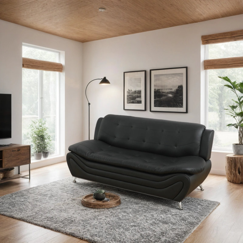 76.5' ' faux leather minimalist sofa, Noir