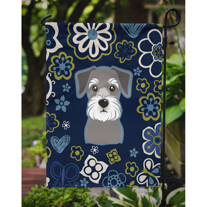 Terrier en fleurs à 2 côtés en polyester 15 x 11,5 po drapeau de jardin, Schnauzer (bleu)