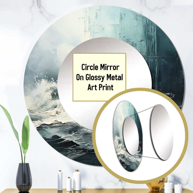 Minimalism Black And White Paint Wave IV - Coastal Decorative Mirror, Coastal Round Wall Mirror, Printed Metal Art, 23" x 23"