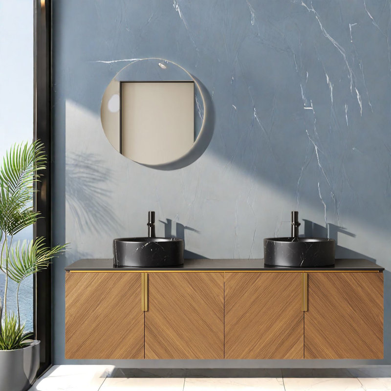 Spacieux meuble-lavabo de 60 po avec lavabo, finition chêne brun moderne