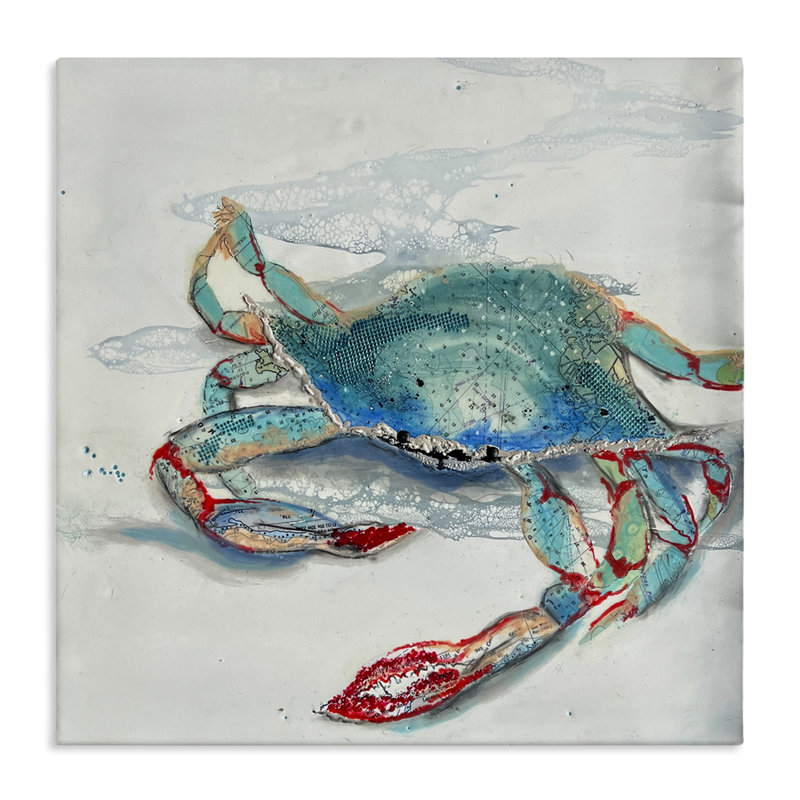 Art mural sur toile crabe bleu avec motifs abstraits, design par Stacy Gresell, H 17 po x l 17 po
