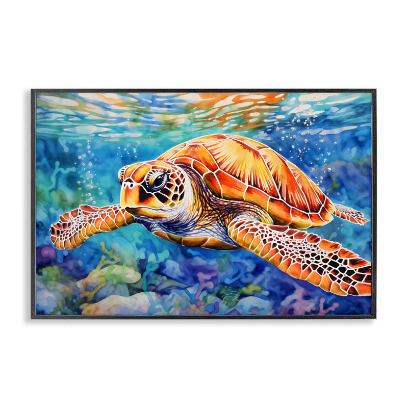 Tortue de mer brune sous giclée sous la surface, design par LSR Design Studio, H 12 po x l 18 po, Giclée encadrée noir minuit