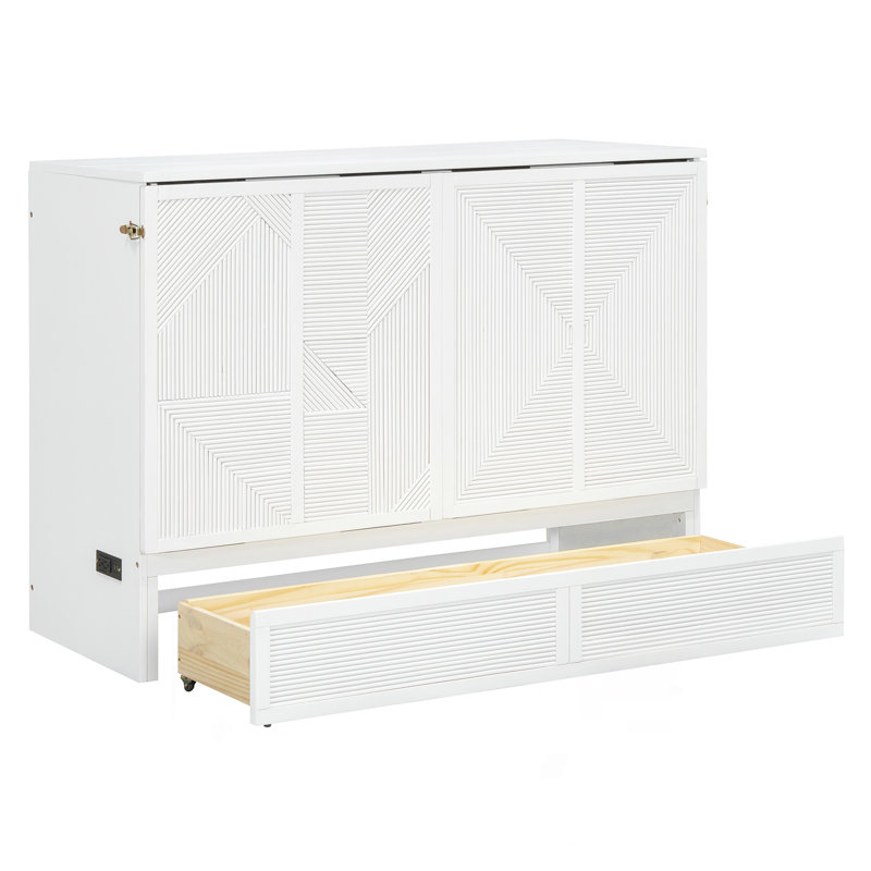 Lit escamotable double avec grand tiroir, ports et prises USB, blanc