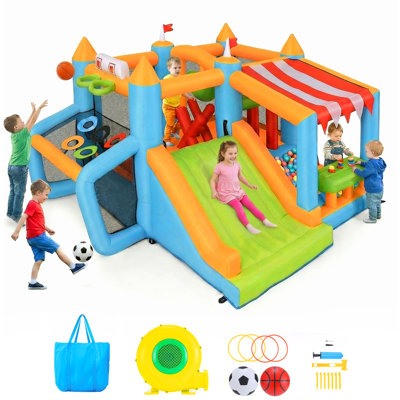 12.5' X 10.8' Bounce House With 450w Blower, Bounce Area, Wide Slide, Soccer Goal, Basketball Hoop, Snack Bar, Punching Ball, Obstacle