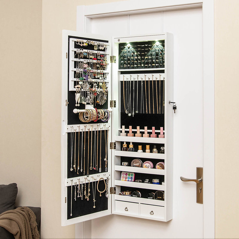 Armoire à bijoux murale verrouillable avec miroir Johnsie, Blanc