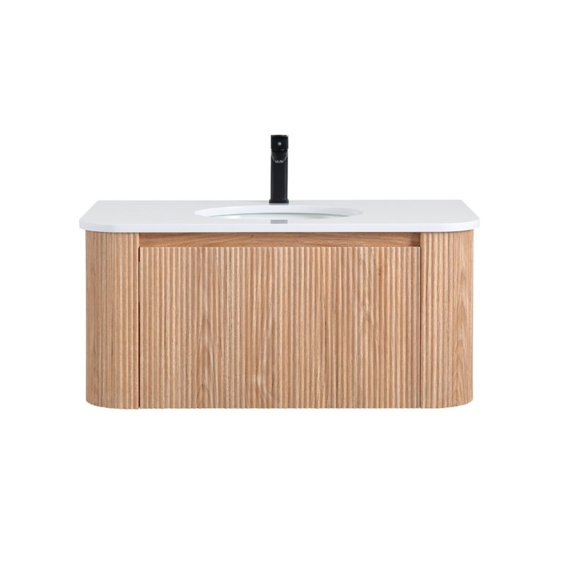 Meuble-lavabo coulissant moderne à fermeture en douceur avec finition en panneau de particules naturel pour salle de bain contemporaine