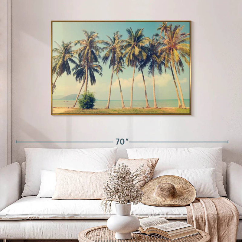 Palmiers rétro, 46 po x 31 po, Cadre flottant doré