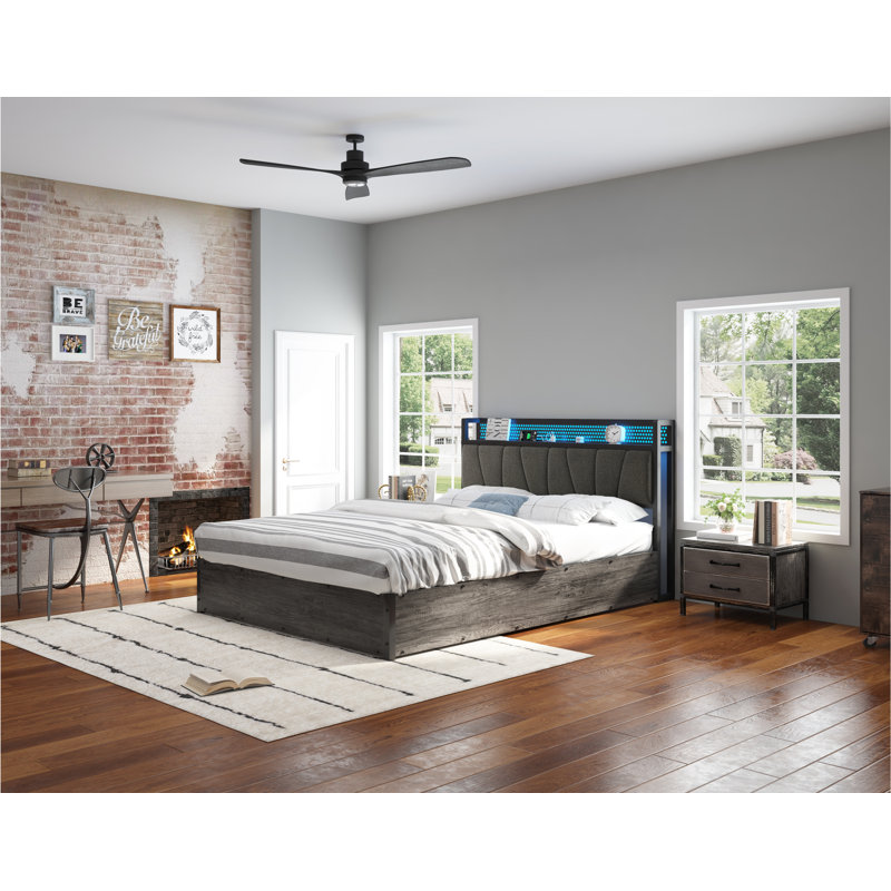 Shila Lift Up Bed with Linen Upholstered & LED Storage Headboard, Gray, Full