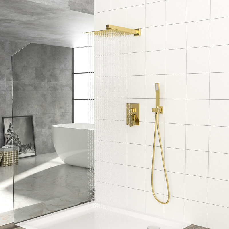 Douche dorée murale de 10 pouces - Tête double carrée avec options de pluie et de poche pour un système de bain relaxant - Option de soupape équilibrée