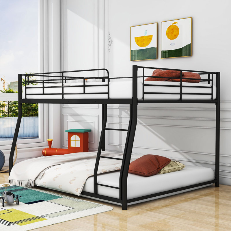 Amandajean Full XL Over Queen Size Metal Bunk Bed With Ladder And Guardrail, Full XL over Queen