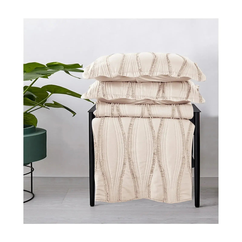 3 Piece Quilted Bedspread Reversible Comforter Bedding Set Bed Throw, Double Bedspread + 2 Standard Shams, Beige Floral