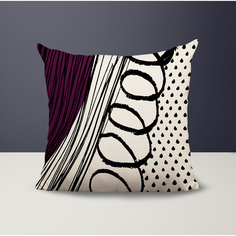 Oreiller carré réversible intérieur / extérieur Toba, H 17 po x l 17 po, Mauve / noir / blanc cassé abstrait