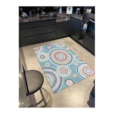 Blue Floral Pink Shape Pattern Decorative Washable Rug