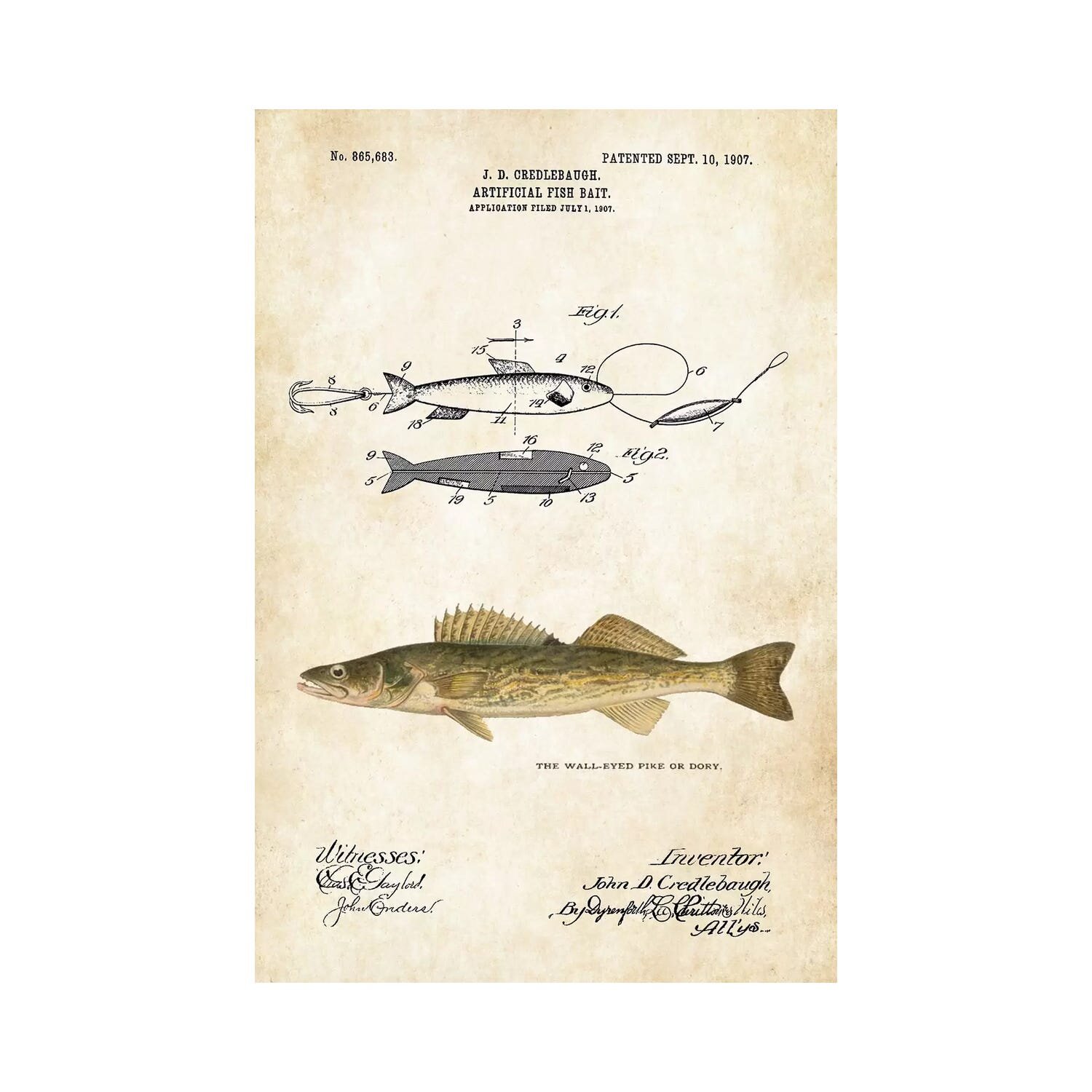 Walleye Dory Fishing Lure by Patent77 - Wrapped Canvas Graphic Art East Urban Home Size: 18 H x 12 W x 1.5 D