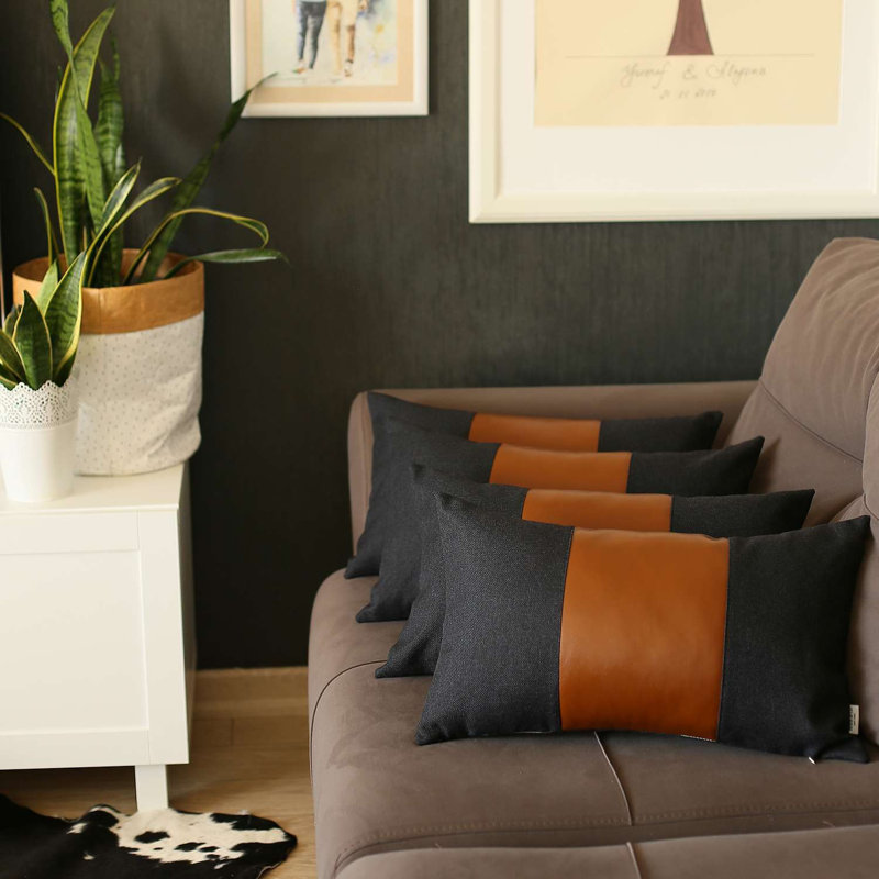 Ensemble de 4 housses de coussin lombaire en similicuir, Noir / brun