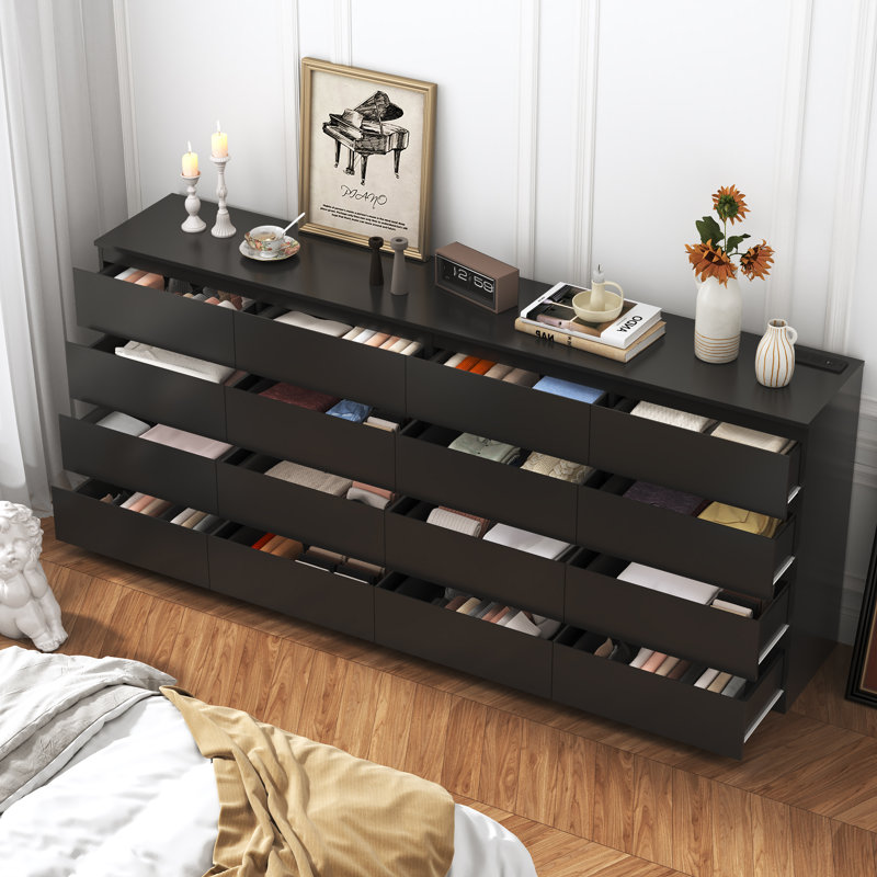 87" 16-Drawer Dresser & TV Stand With Charging Station For Bedroom, Living Room, Entryway, Black
