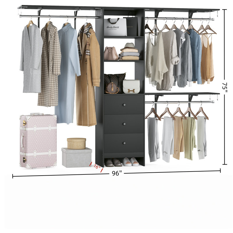 Closet Organizer, Closet System With 3 Hanging Rods, 3 Drawers And Open Shelves(Black), Black