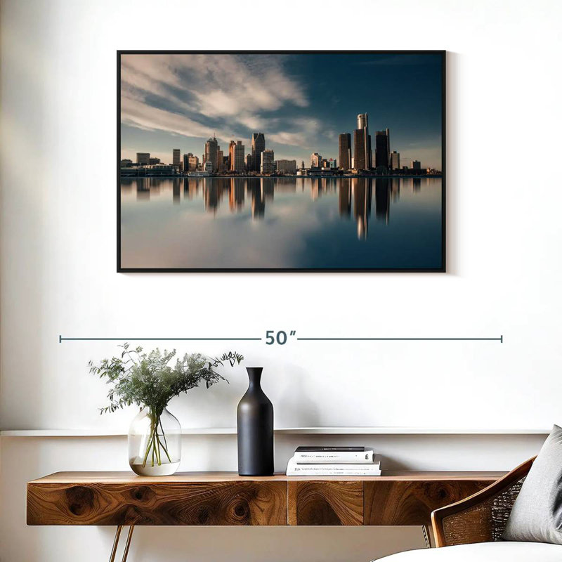 Detroit Skyline Reflection, Floating Frame Black, 37" X 25"