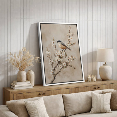 Vintage Bird and Blossom Botanical Artwork, Bedroom Pictures, Framed Canvas Giclee Print Wall Art