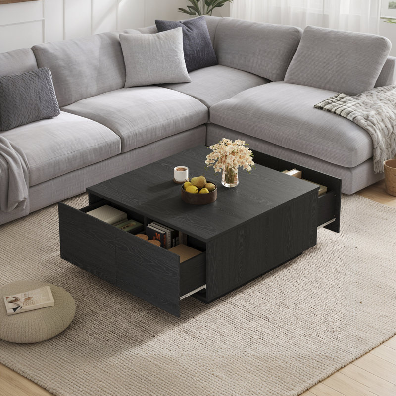 Table basse carrée 33,25 po à 4 tiroirs, Noir