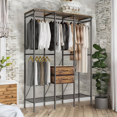 Bartinus Industrial Rustic Open Wardrobe Garment Rail With Storage Shelves And Drawers