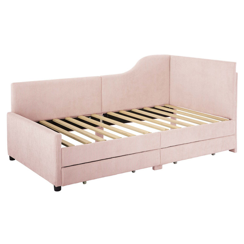 L-Shaped Upholstered Daybed With 2 Storage Drawers, Pink