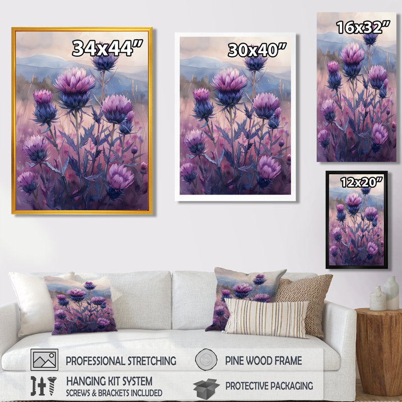 Décoration murale mauve parfumée «Thistle Bloom», H 20 po x l 12 po x P 1 po, Toile encadrée noire simple