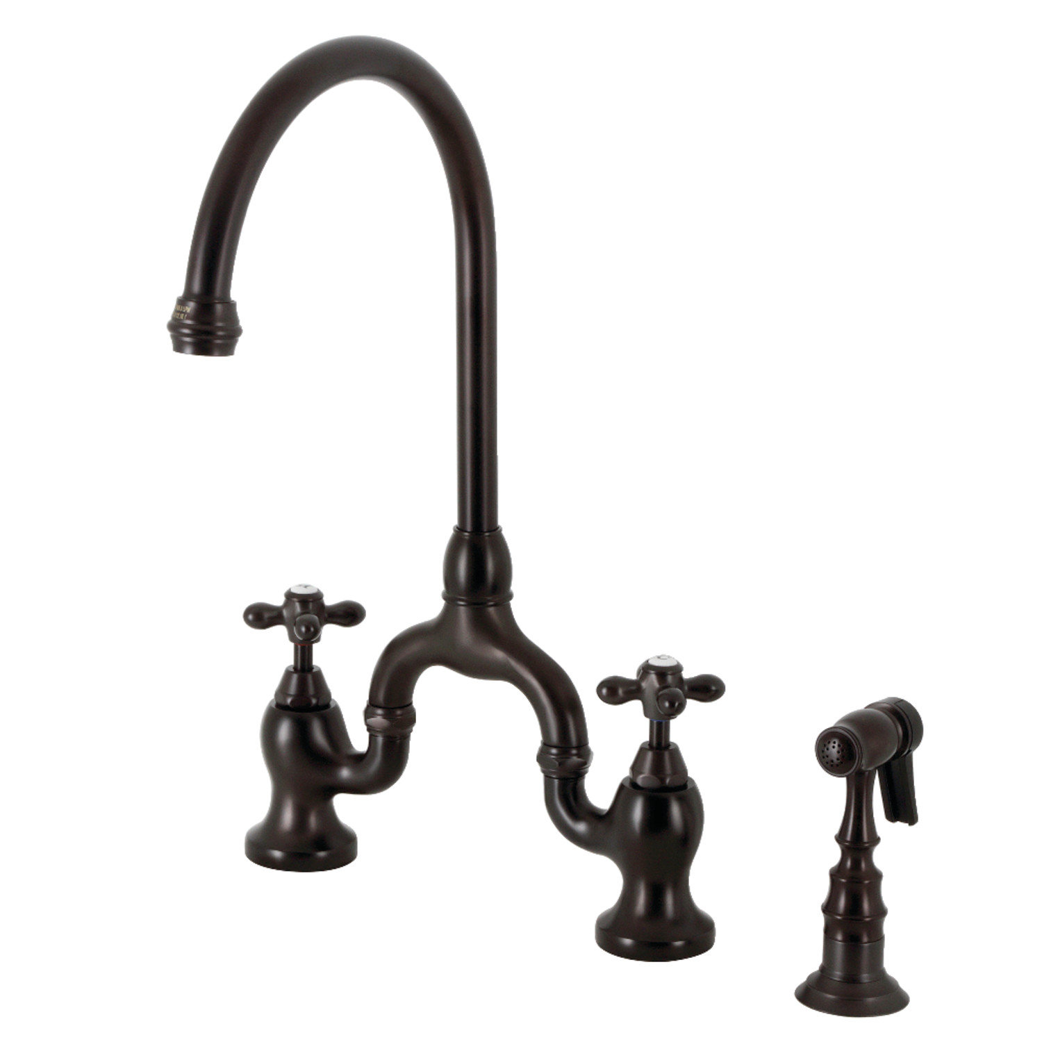 Kingston Brass English Country Two-Handle 3-Hole Deck Mount Bridge Kitchen Faucet with Side Sprayer, Oil Rubbed Bronze