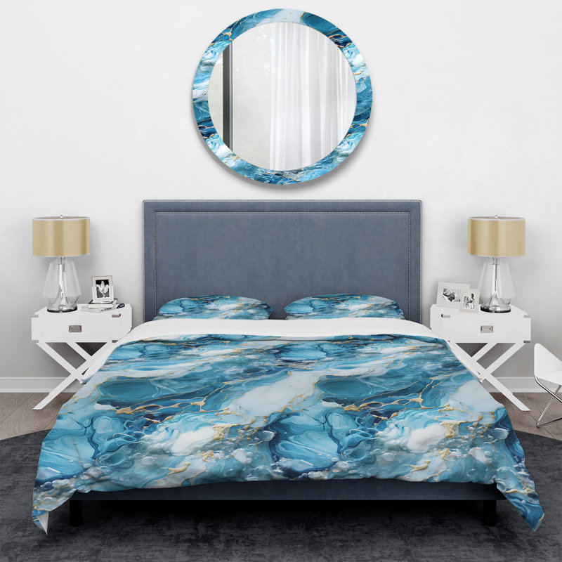 Ensemble de housse de couette bleu et blanc Oceanic Allure Marble, Housse de couette pour grand lit et 2 taies décor