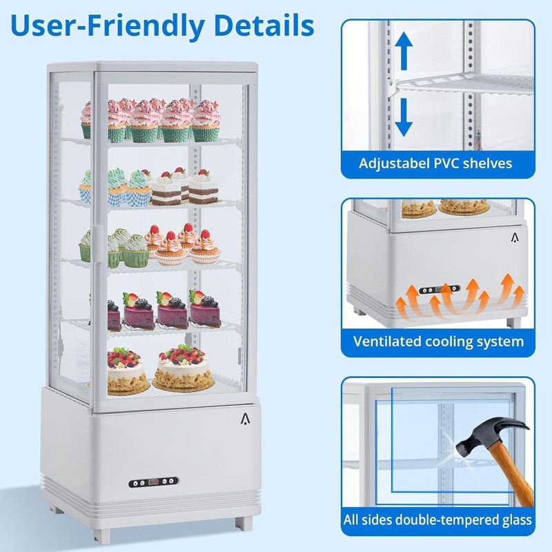 3.4 Cu Ft Commercial Cake Display Fridge, LED Pastry Case for Bakery Cafe, White